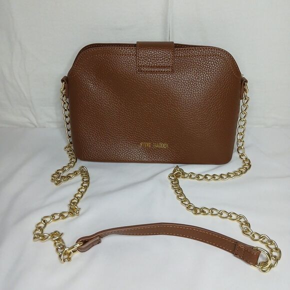 Steve Madden Crossbody Purse Bag Brown Pebbled Leather Chain Strap Quiet Luxury - Picture 2 of 9